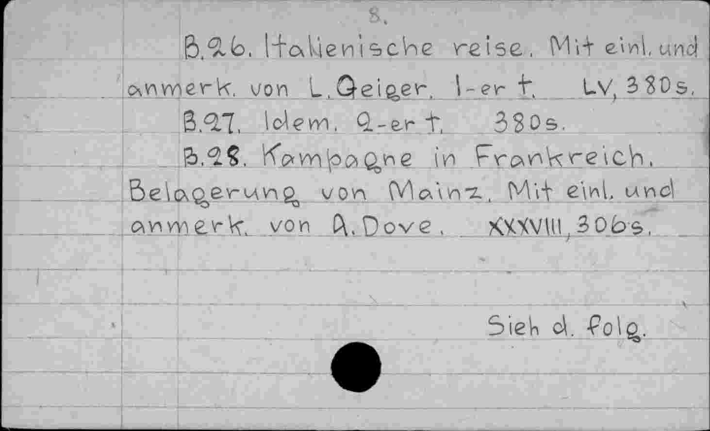 ﻿		8. ft Qlo, Halieиisehe reise. Mi+e-»n\, und
	счптегк. von L,Qei&,er l-er V. L.V, 330s,	
		ЗЛ7. idem. Q-en 7,	380s,
	ib.^S. Kc*vnV3»Q,ne in Frcxnk^^ich, Belcxç^ev-ur^ von ÇH ей n-z., Hit eiM, und	
	anmerk von Pi. Dove, KXXVIll, 30bs.	
		
		
«		Sieli cl. $o\q.
		
		